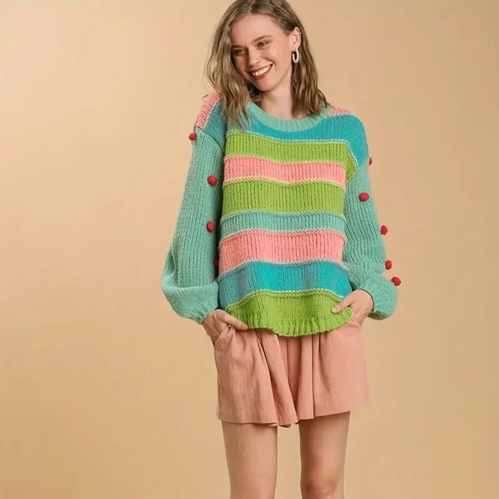 Fun Colourful Pom Pom Sweater! Size XL Blue Green Red Pink